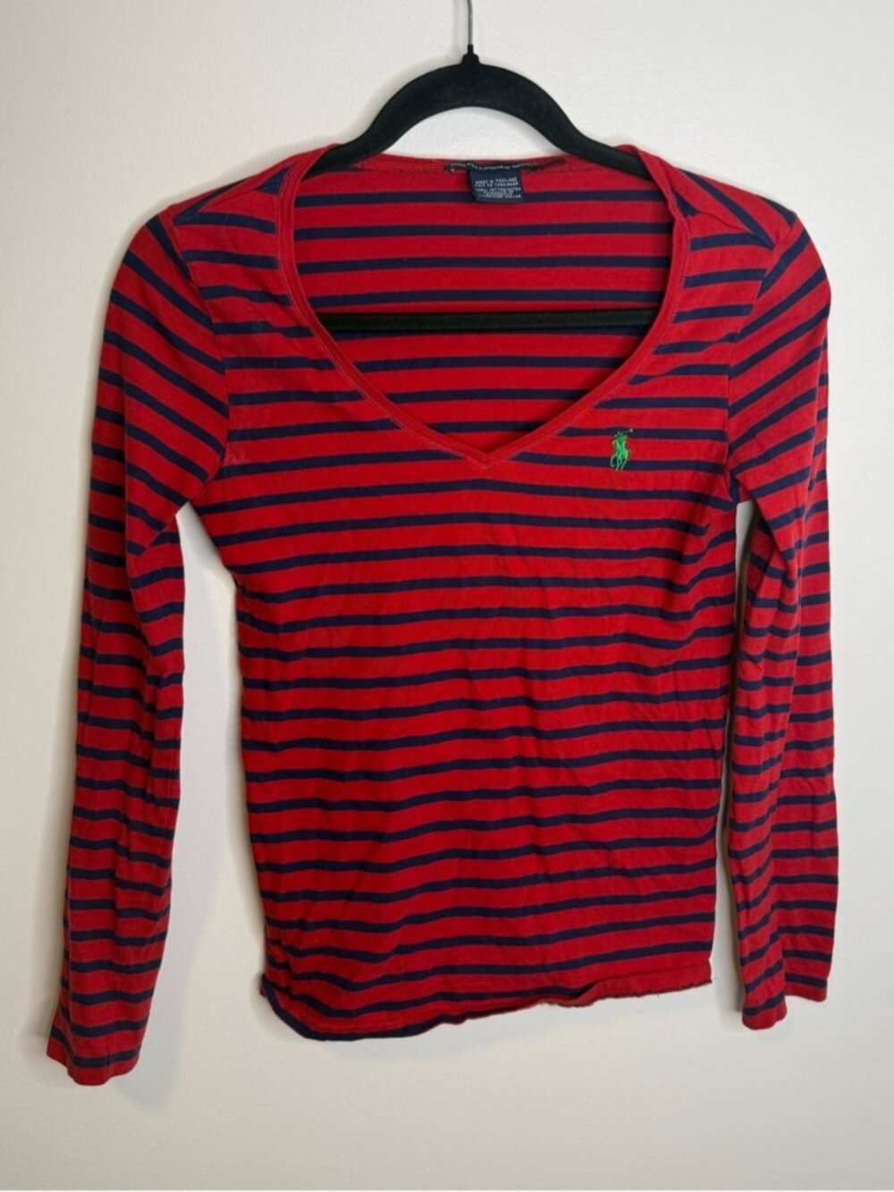 Ralph Lauren Red & Navy Striped V-Neck Long Sleeve Tee medium